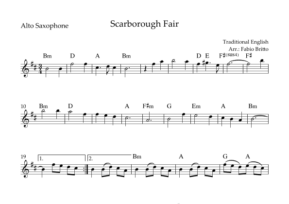 Scarborough Fair for Alto Saxophone Solo with Chords (arr. Fabio Britto)