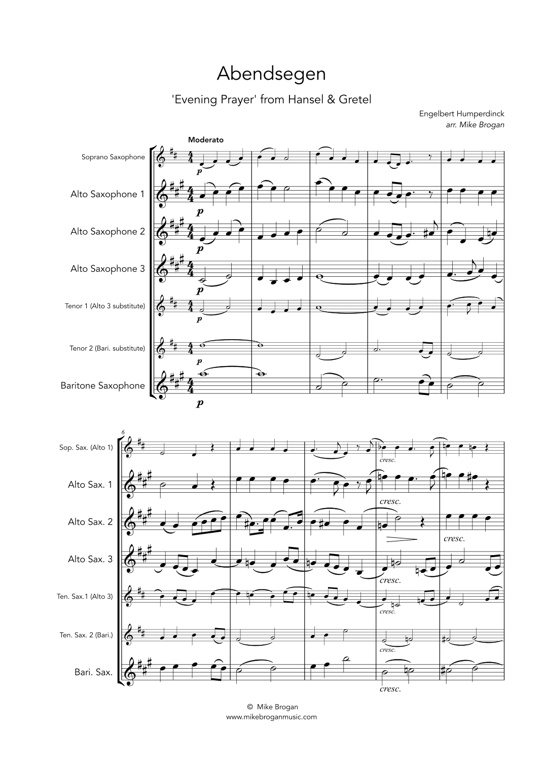Evening Prayer (Abendsegen), Humperdinck - flexible saxophone quartet (SATB, AATB, AAAB, AAAT, AATT) (arr. Mike Brogan)