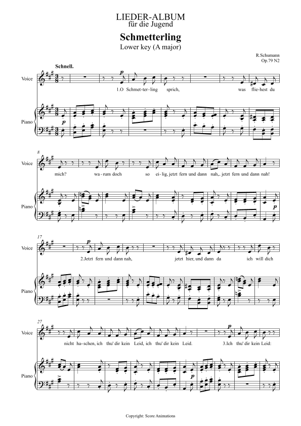 Schmetterling Op 79 N2 in A major (Lower key) (arr. Score Animations)