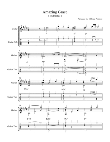 Amazing Grace For Acoustic Guitar Solo ( Fingerstyle) Sheet Music And Tab (arr. M.Petrovich)
