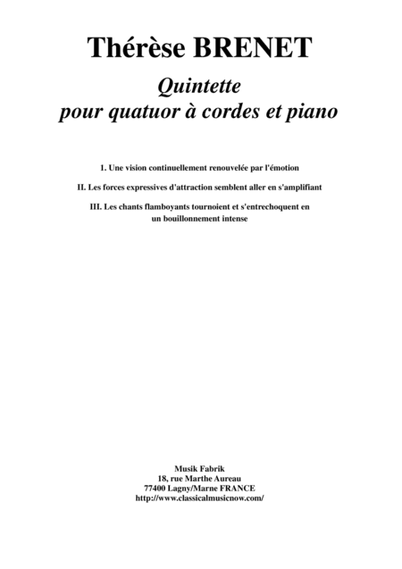 Thérèse Brenet : Quintet for two violins, viola, violoncello and piano