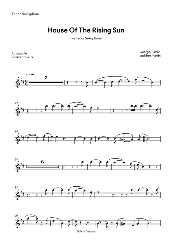 House of the Rising Sun - for Tenor Saxophone - with play along (arr. Samuel Sequeira)