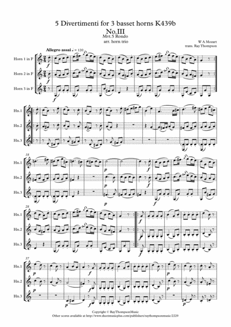 Mozart: Divertimento No.3 Mvt.V Rondo from "Five Divertimenti for 3 basset horns" K439b - horn trio (arr. Ray Thompson)
