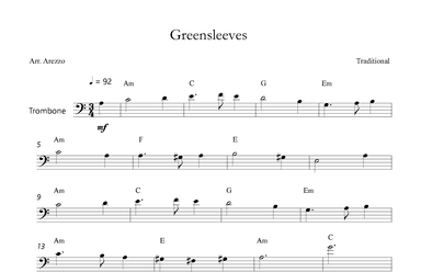 Greensleeves Lead Sheet for  Trombone - Melody and Chords (arr. Arezzo Music)