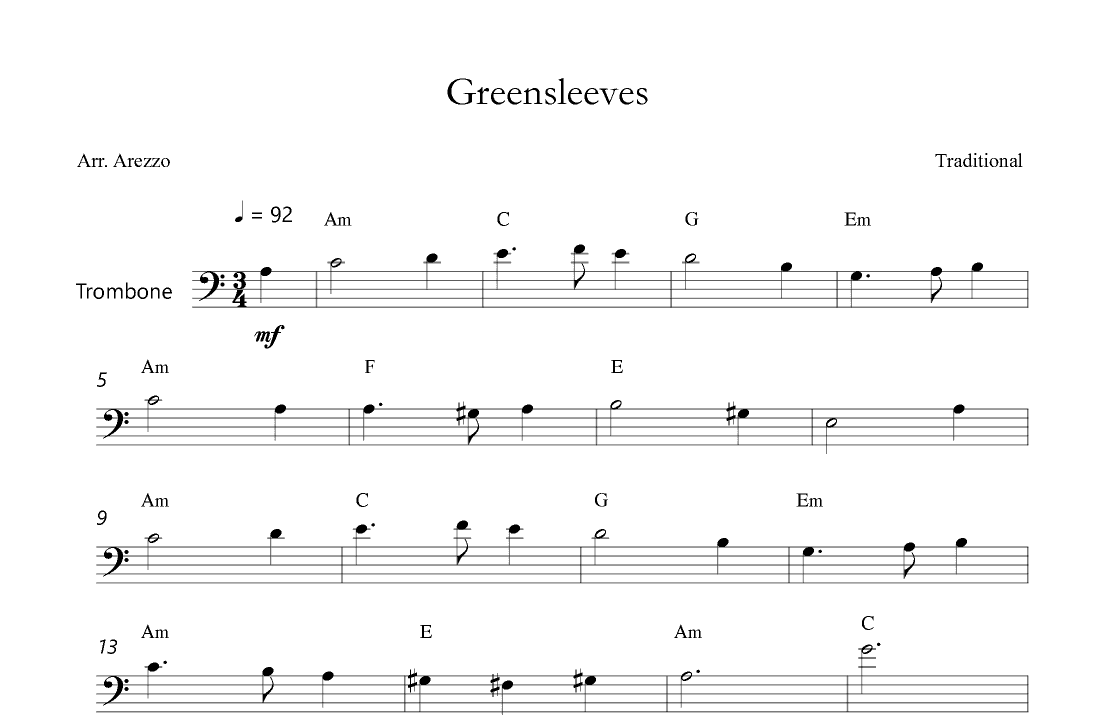 Greensleeves Lead Sheet for  Trombone - Melody and Chords (arr. Arezzo Music)