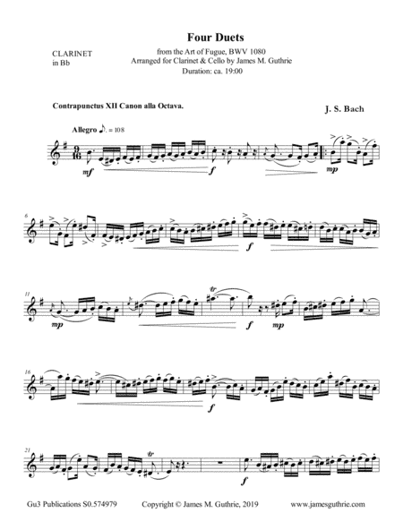 Bach: Four Duets from the Art of Fugue for Clarinet & Cello (arr. James M. Guthrie)