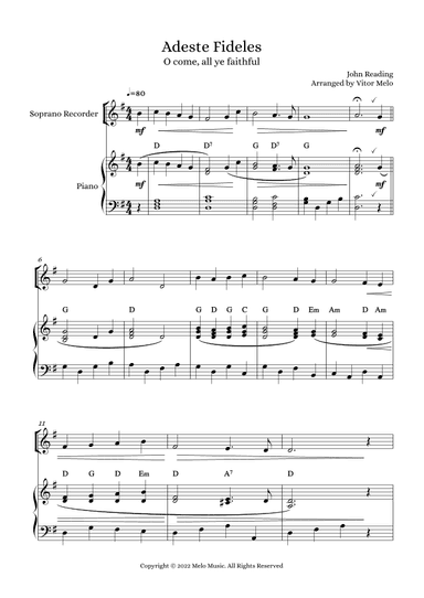 Adeste Fideles (O Come, All Ye Faithful) - soprano recorder and piano (arr. Vitor Melo)