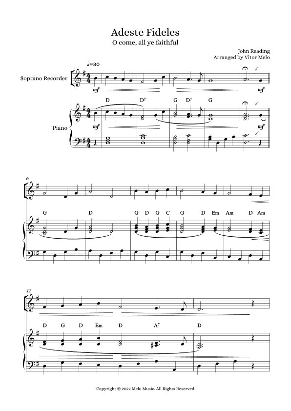 Adeste Fideles (O Come, All Ye Faithful) - soprano recorder and piano (arr. Vitor Melo)