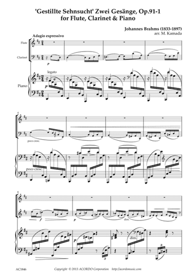 'Gestillte Sehnsucht' Zwei Gesänge, Op.91-1 for Flute, Clarinet & Piano (arr. Mikio Kamada)