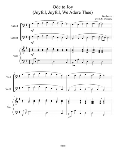 Ode to Joy (Joyful, Joyful, We Adore Thee) for cello duet with piano accompaniment (arr. B. C. Dockery)