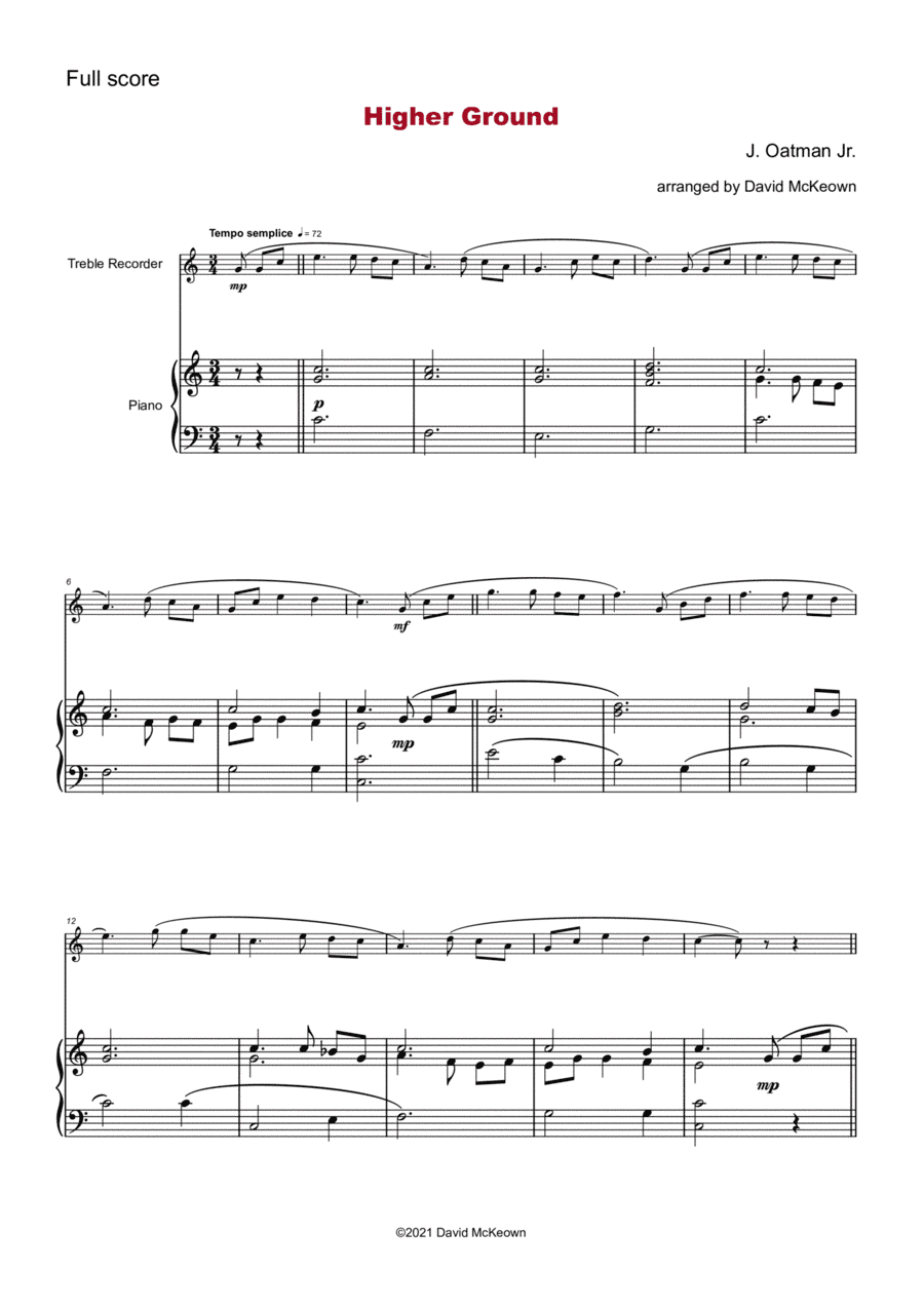 Higher Ground, Gospel Hymn for Treble Recorder and Piano (arr. David McKeown)