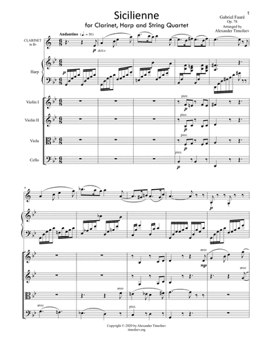 Sicilienne, for Clarinet, Harp or Piano, and String Quartet, Op. 78 (arr. Alexander Timofeev)