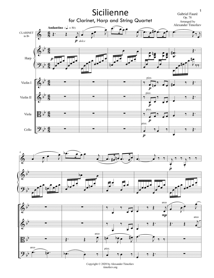 Sicilienne, for Clarinet, Harp or Piano, and String Quartet, Op. 78 (arr. Alexander Timofeev)