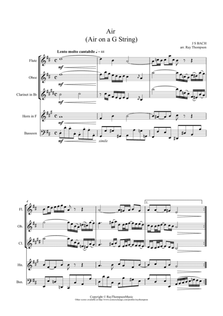 Bach: Air from Orchestral Suite in D BWV 1068 ('Air on a G String') - wind quintet (arr. Ray Thompson)