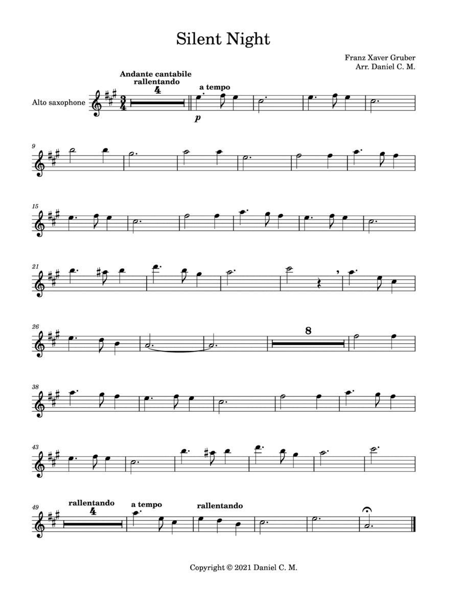 Silent Night for alto saxophone and piano (easy) (arr. Daniel C. M.)