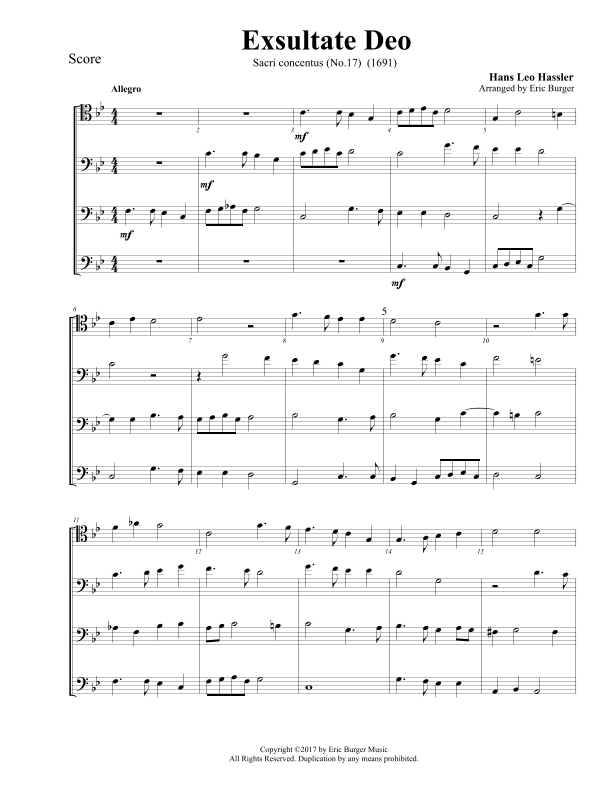 Exsultate Deo for Trombone or Low Brass Quartet (arr. Eric Burger Music)