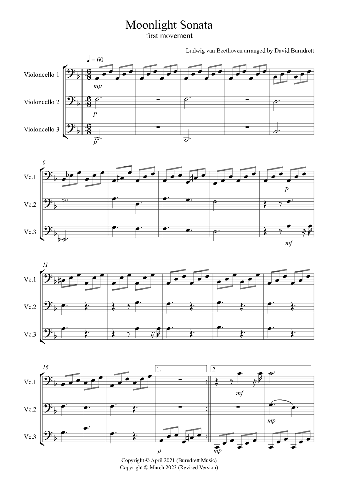 Moonlight Sonata (1st movement) for Cello Trio (arr. David Burndrett)
