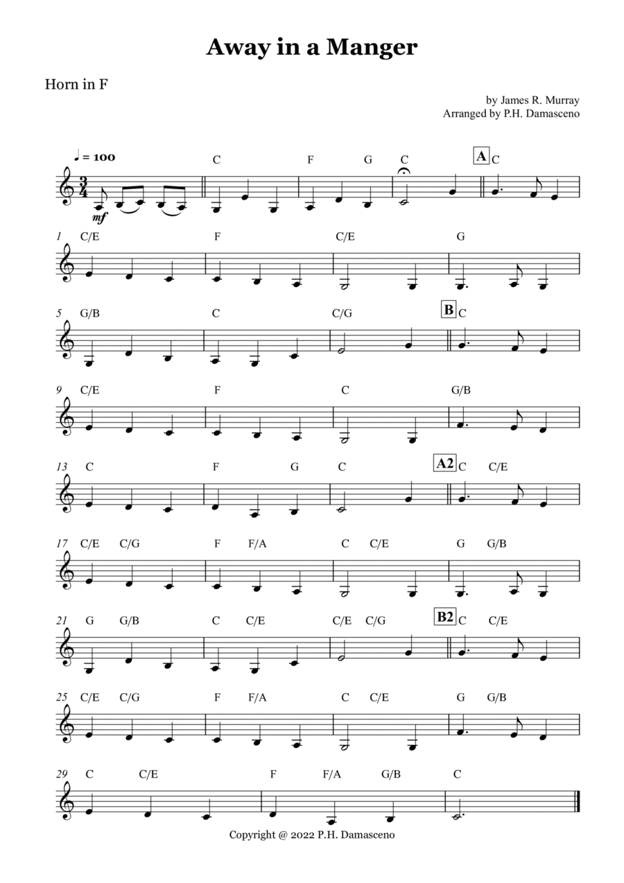 Away in a Manger - Horn in F Solo with Chords (arr. P.H. Damasceno)
