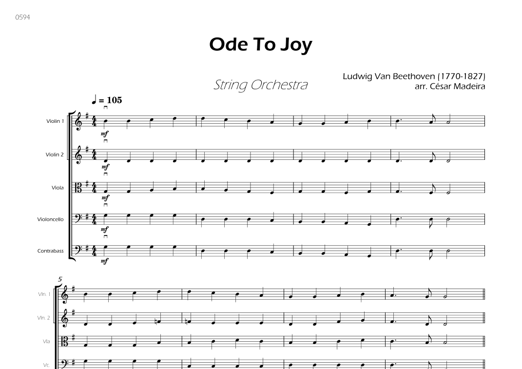 Ode To Joy - Easy String Orchestra (Full Score) - Score Only (arr. César Madeira)
