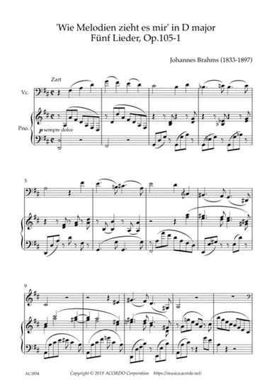 ‘Wie Melodien zieht es mir (It moves like a melody)' Op.105-1 in D Major for Violoncello & Piano (arr. Kamada, Mikio)