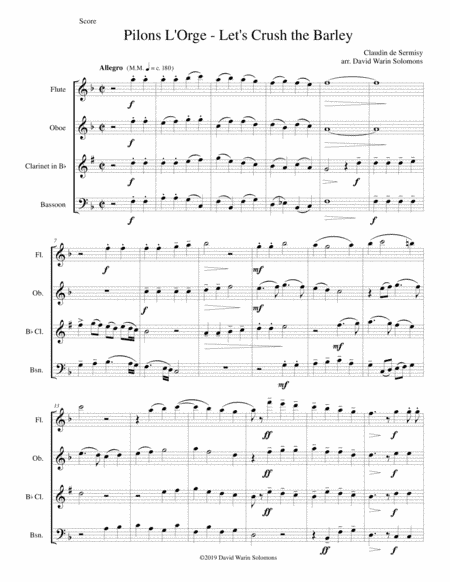 Pilons l'orge (Let's crush the barley) arranged for wind quartet (arr. David Warin Solomons)