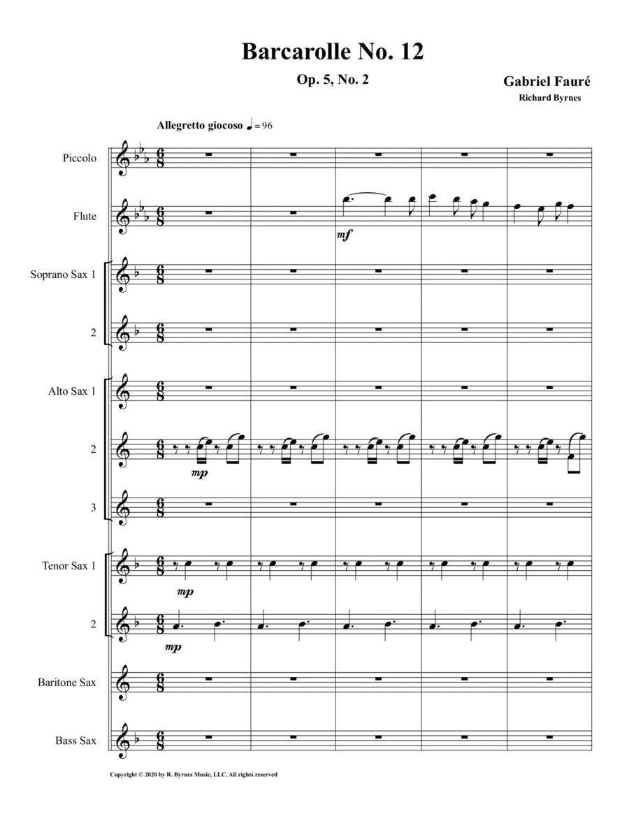 Barcarolle 12, Op. 105, No. 2 by Gabriel Fauré (Saxophone Nonet + Fl,Picc.) (arr. Richard Byrnes)