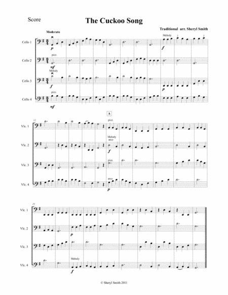 Cuckoo Song for four very beginner cellists cellos (arr. Yellow Cello Music)