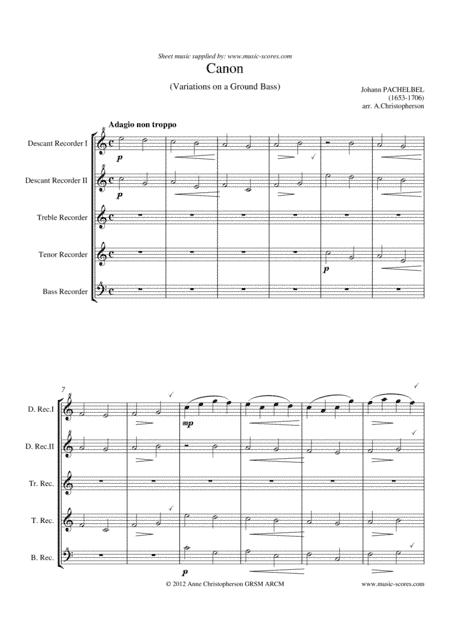 Pachelbel's Canon - Recorder Quintet - short version (arr. Anne L Christopherson GRSM ARCM)