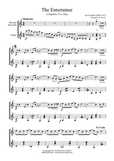 The Entertainer, Ragtime (easy, abridged) for descant recorder and guitar (arr. K. Krantz)