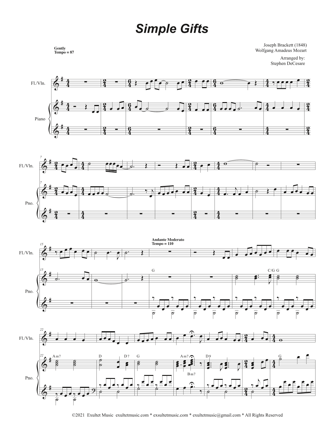 Simple Gifts (Flute or Violin solo and Piano) (arr. Stephen DeCesare)
