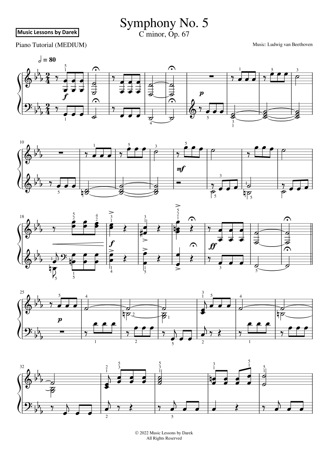 Symphony No. 5 (MEDIUM PIANO) C minor, Op. 67 [Ludwig van Beethoven] (arr. Darek)