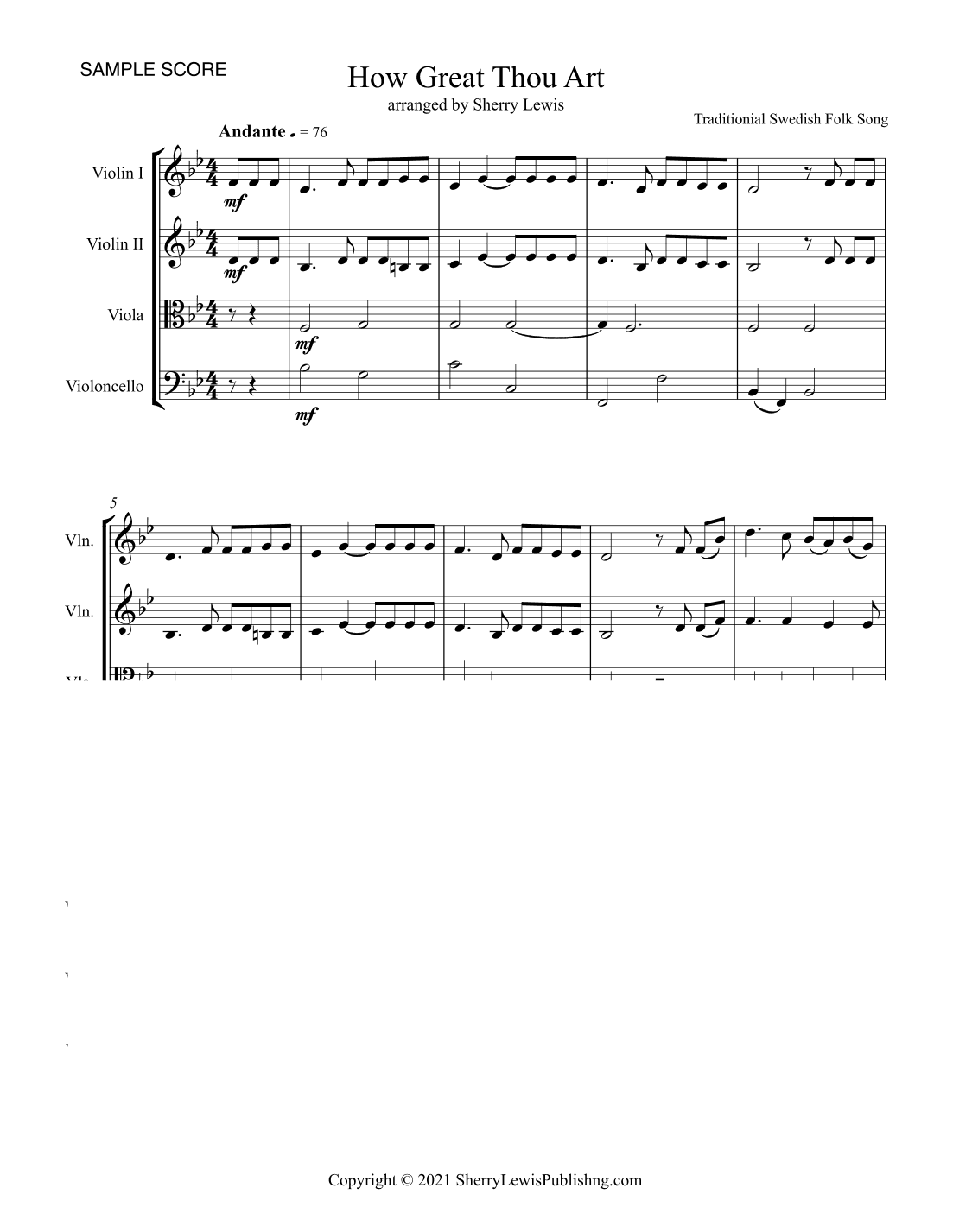 HOW GREAT THOU ART, STRING QUARTET Intermediate Level for 2 violins, viola and cello (arr. Sherry Lewis)