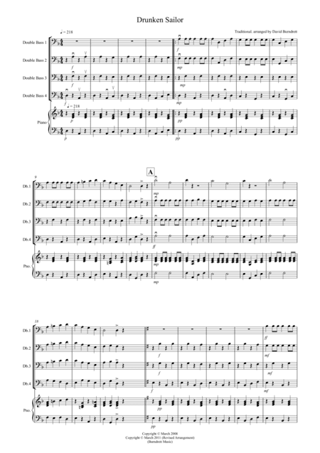 Drunken Sailor for Double Bass Quartet (arr. David Burndrett)