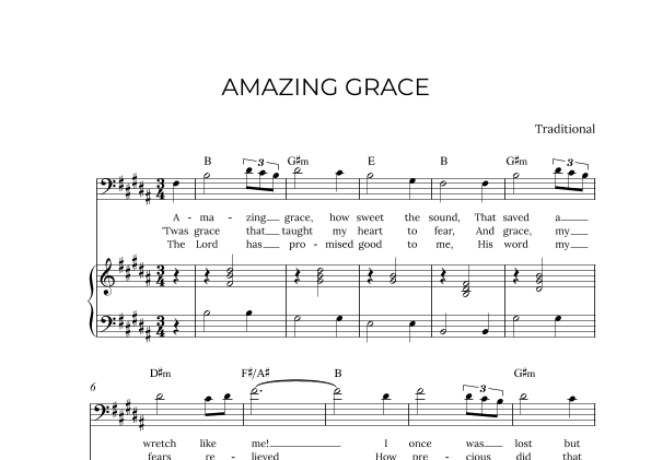 AMAZING GRACE - for piano and baritone in B major with chords (arr. Alex Nunes Rodrigues)