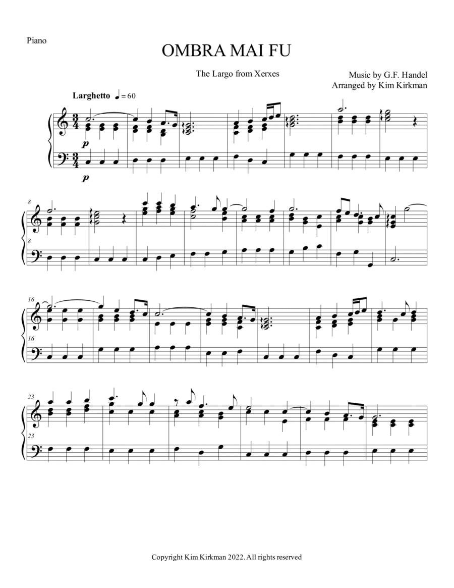 Ombra mai fu (Largo) by Handel for solo piano in C. No black notes required! (arr. Kim Kirkman)