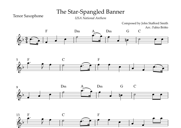 The Star Spangled Banner (USA National Anthem) for Tenor Saxophone Solo with Chords (Eb Major) (arr. Fabio Britto)