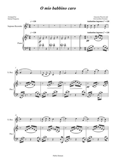 O mio babbino caro - for Recorder and Piano accompaniment - orchestral play along (arr. Samuel Sequeira)