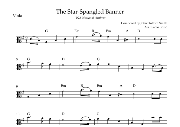 The Star Spangled Banner (USA National Anthem) for Viola Solo with Chords (G Major) (arr. Fabio Britto)