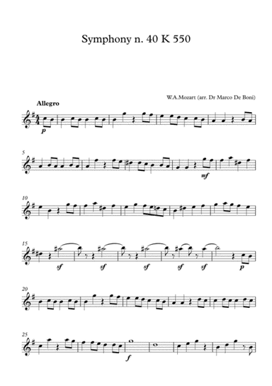 Mozart, Symphony n. 40 K.550 (Easy Flute version for beginners) (arr. Marco De Boni)