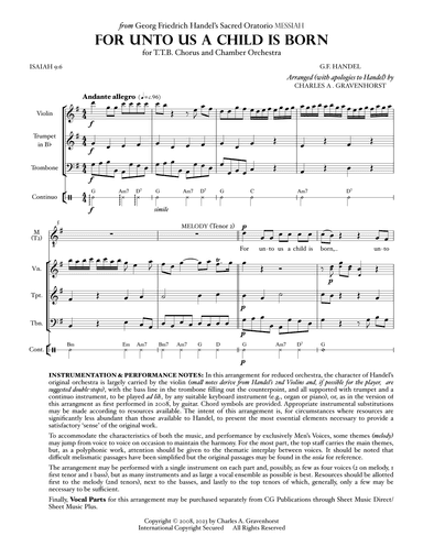 For Unto Us A Child Is Born (from “MESSIAH”) for Men’s Chorus (TTB) – FULL SCORE (arr. Charles A. Gravenhorst)
