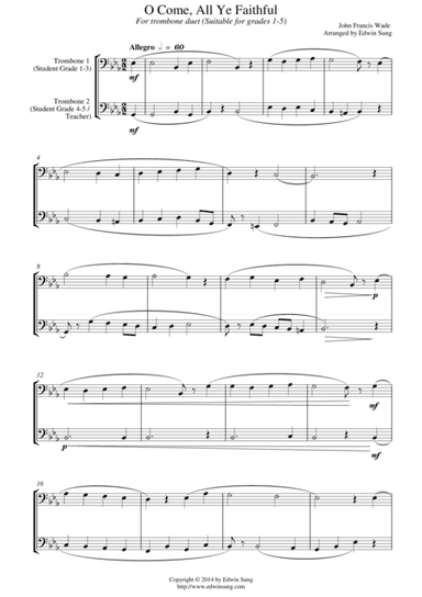 O Come, All Ye Faithful (for trombone duet, suitable for grades 1-5) (arr. Edwin Sung)