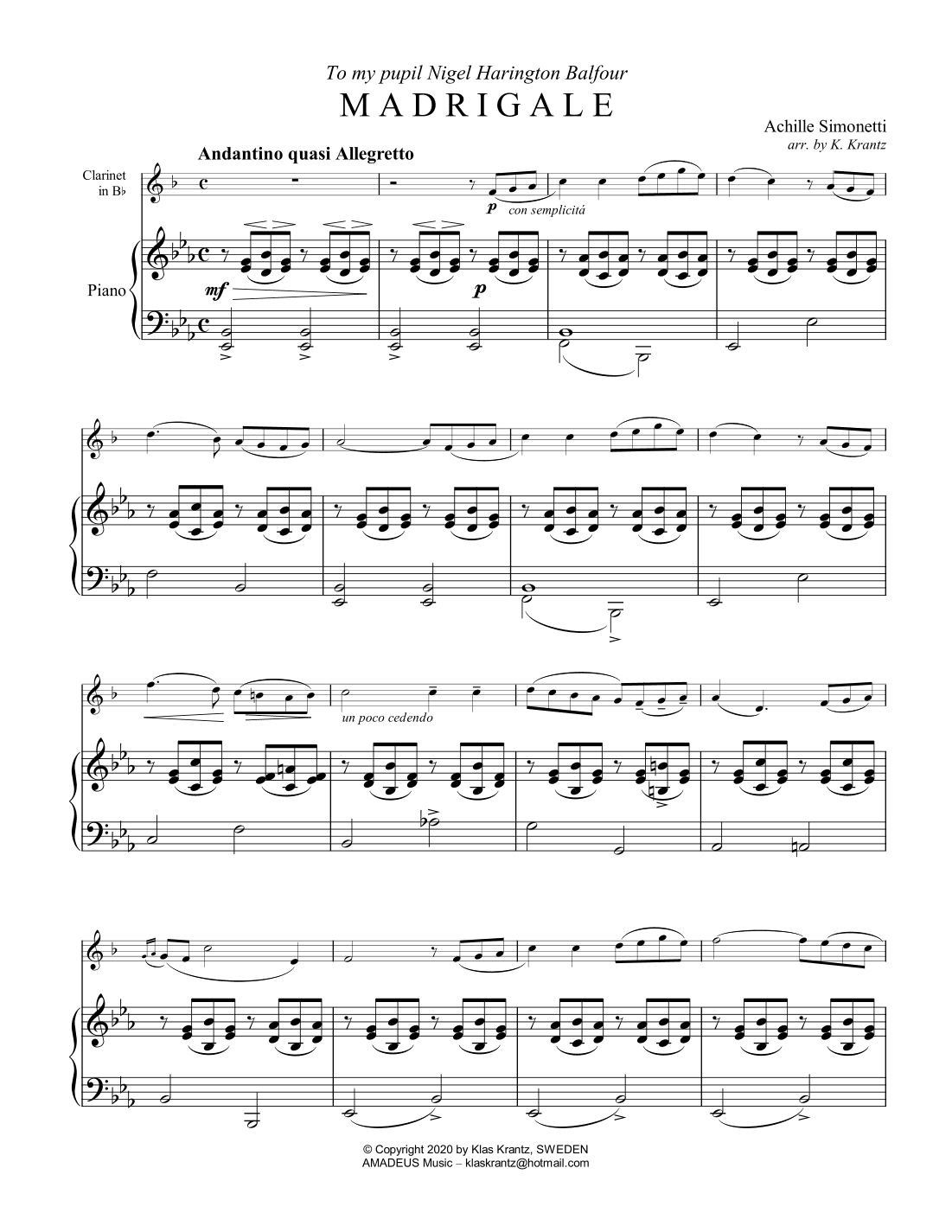 Madrigale for clarinet in Bb and piano, Eb Major (arr. K. Krantz)
