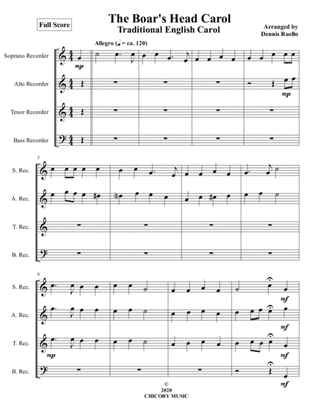 The Boar's Head Carol - Recorder Quartet (SATB) - Intermediate (arr. Dennis Ruello)