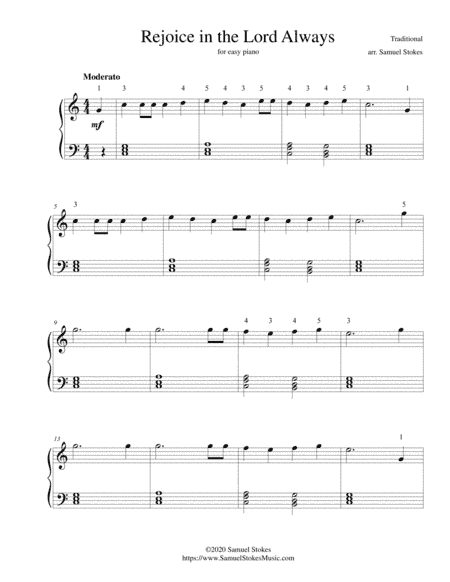 Rejoice in the Lord Always - for easy piano (arr. Samuel Stokes)