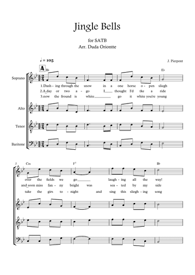 Jingle Bells (Bb major - SATB - with chords - no piano - four staff) (arr. Duda Oriontte)