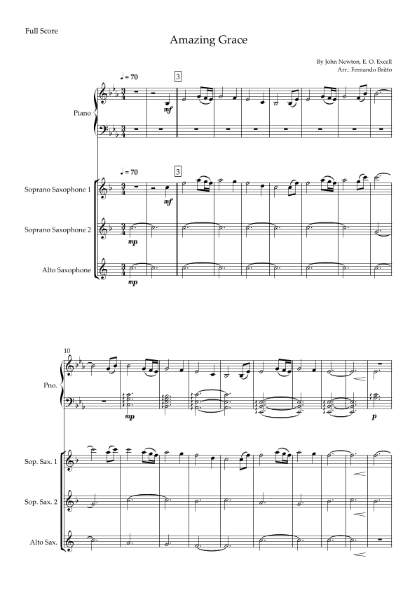 Amazing Grace for Saxophone Trio and Piano Accompaniment with Chords (arr. Fernando Britto)