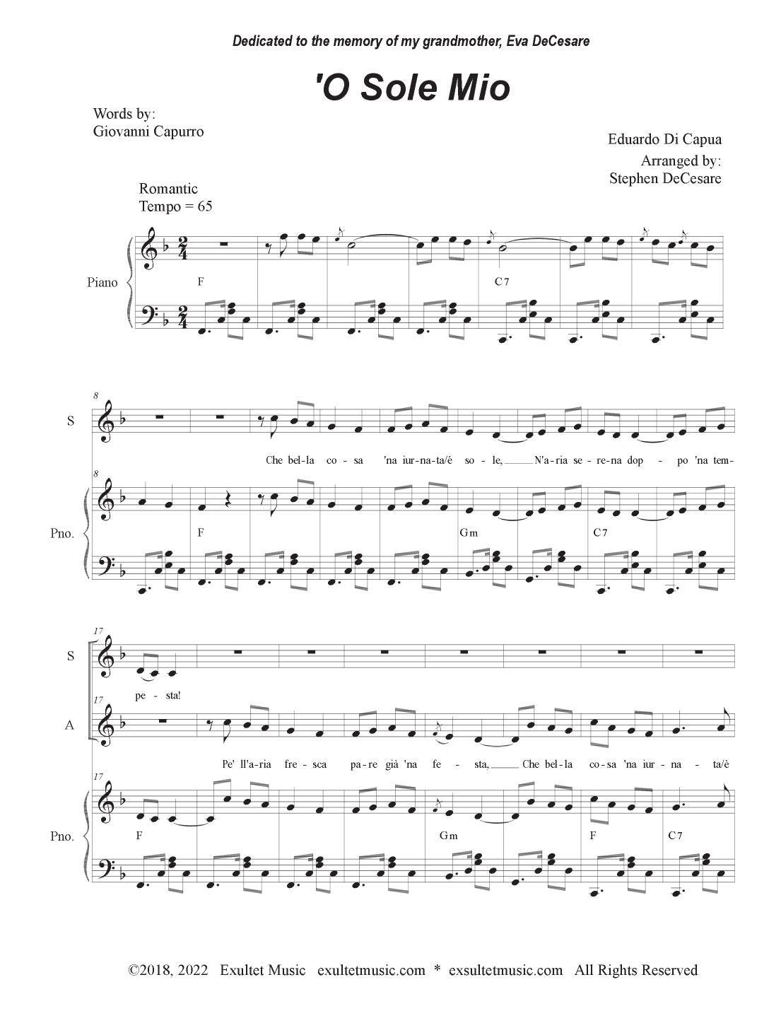 O Sole Mio (2-part choir - (SA) (Easy Choir Version) (arr. Stephen DeCesare)