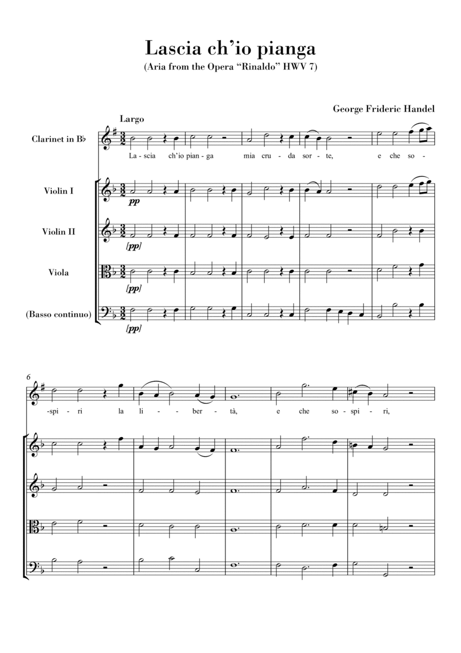 Lascia ch'io pianga (for Clarinet Bb Solo and String Quartet) Original key F major (arr. Ahiva Editions)