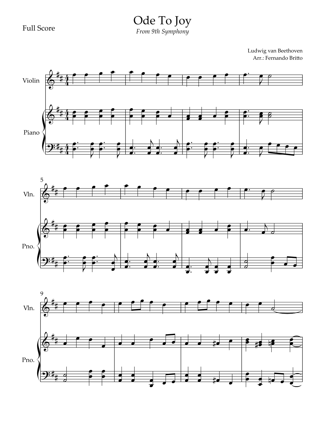 Ode To Joy Theme (from Beethoven's 9th Symphony) for Violin Solo and Piano Accompaniment (arr. Fernando Britto)