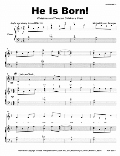 He is Born (Christmas Two-part Children's Choir) (arr. Michael Dryver, Arranger)